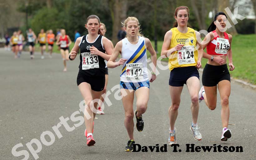 Jade Allen (Rotherham),  J. Fairchild (Trafford), Seonaid A. Murray (LIverpool Harriers) and Tessa Walker (Salford) lead the Womens Northern 6 Stage Road Relay, Sefton Park, Liverpool.